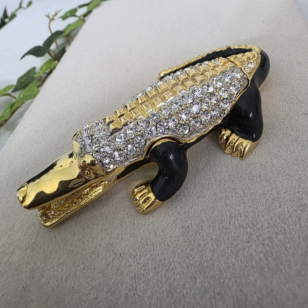Gold with Cubic Zirconia Alligator Crocodile Trinket Box